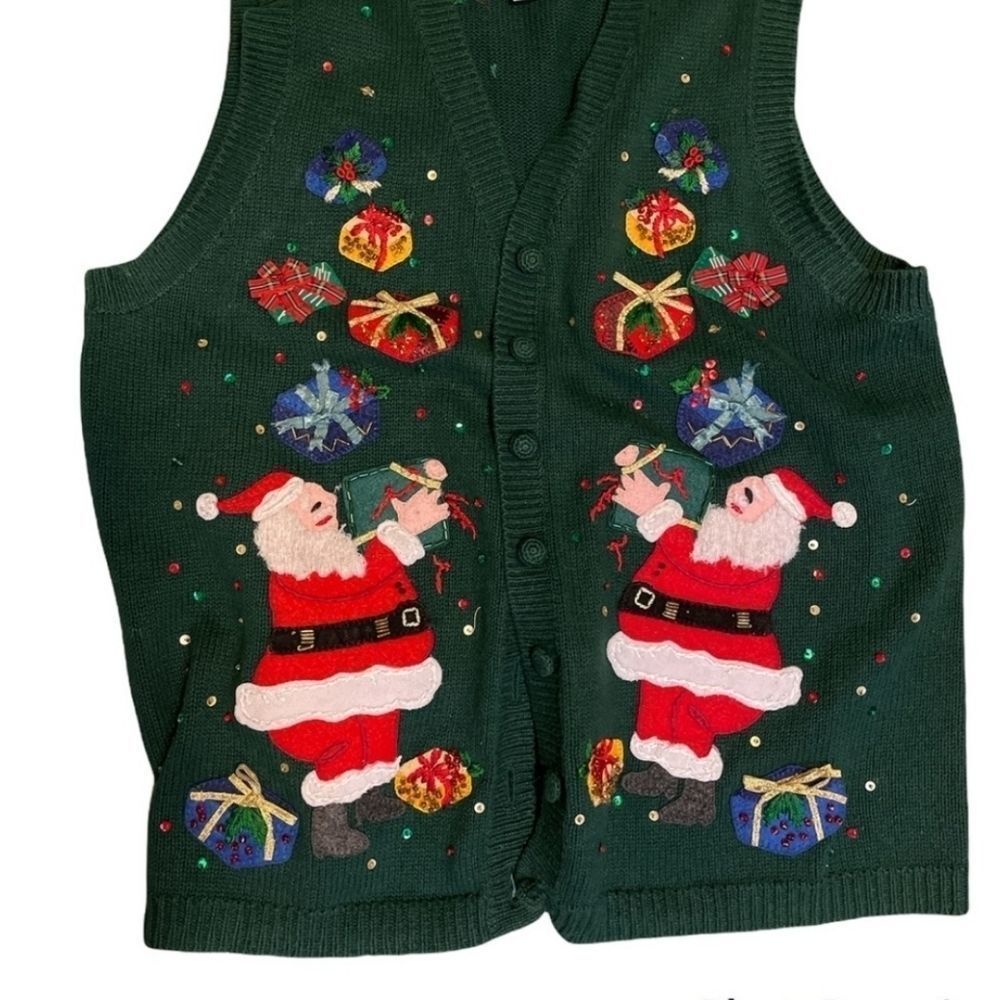 HEIRLOOM‎ COLLECTIBLES Vintage Green Embroidery Button Ugly Christmas Vest  L